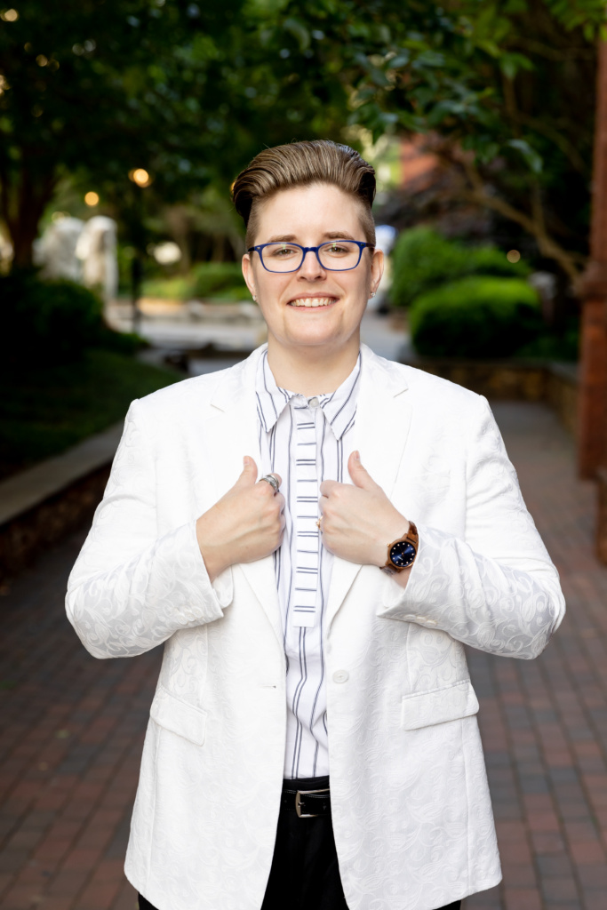 Woman in a women's wedding suit.