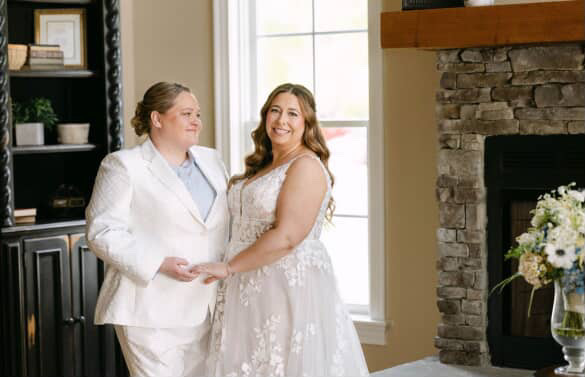 Couple posing for a wedding photo.