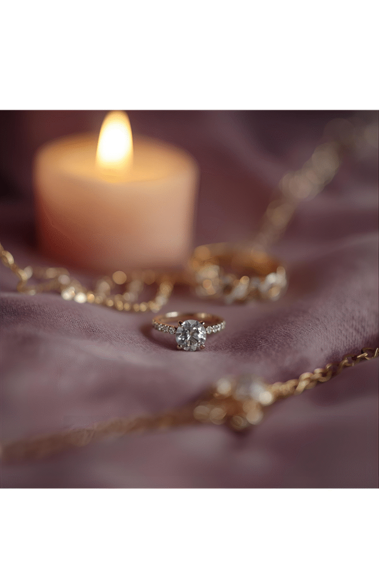 Candle with wedding rings on pink fabric.