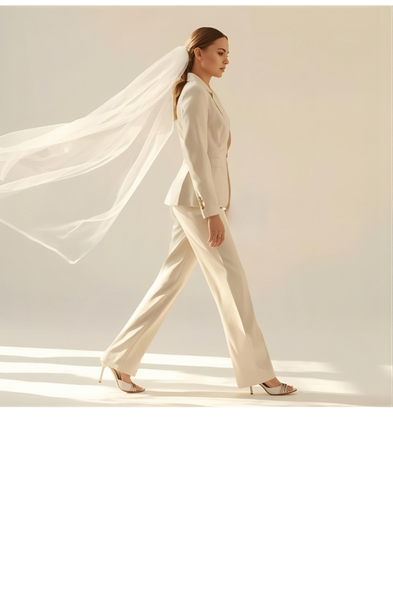 Bride in suit walking with veil flowing.
