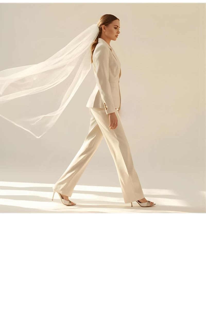 Bride in suit walking with veil flowing.