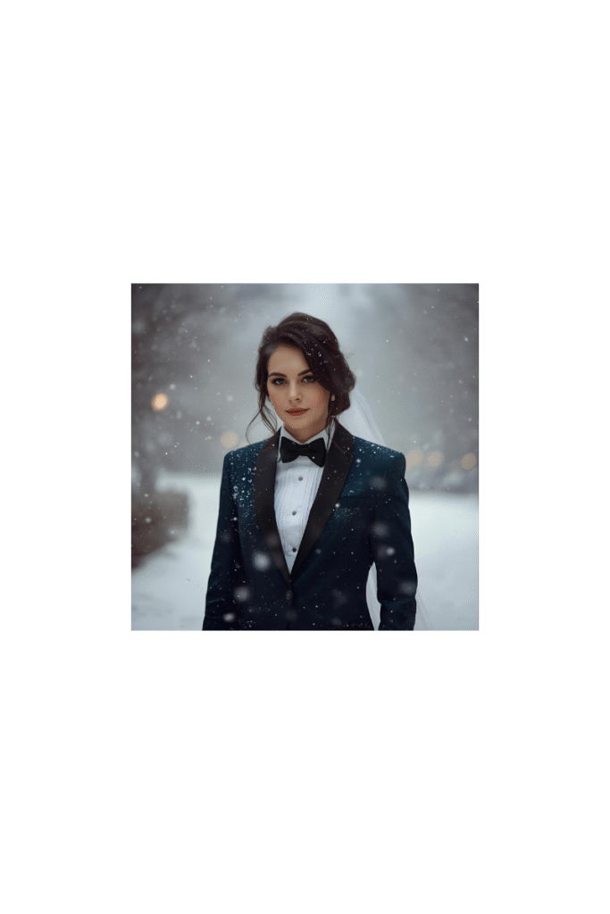 Woman in winter wedding suit in the snow