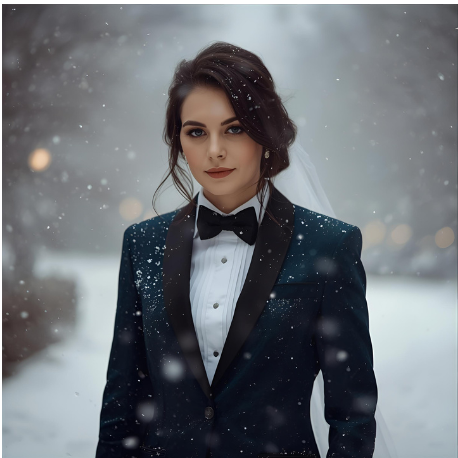 Woman in winter wedding suit in the snow